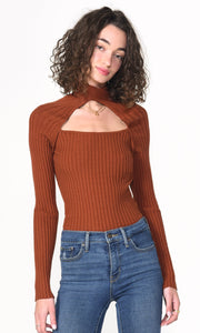 Chandail tricot brun col croisé - Stella rib knit twisted neck women shirt