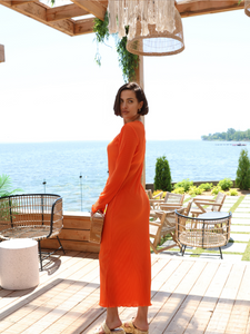Orange Long Dress In Accordion Fabric - Rental 