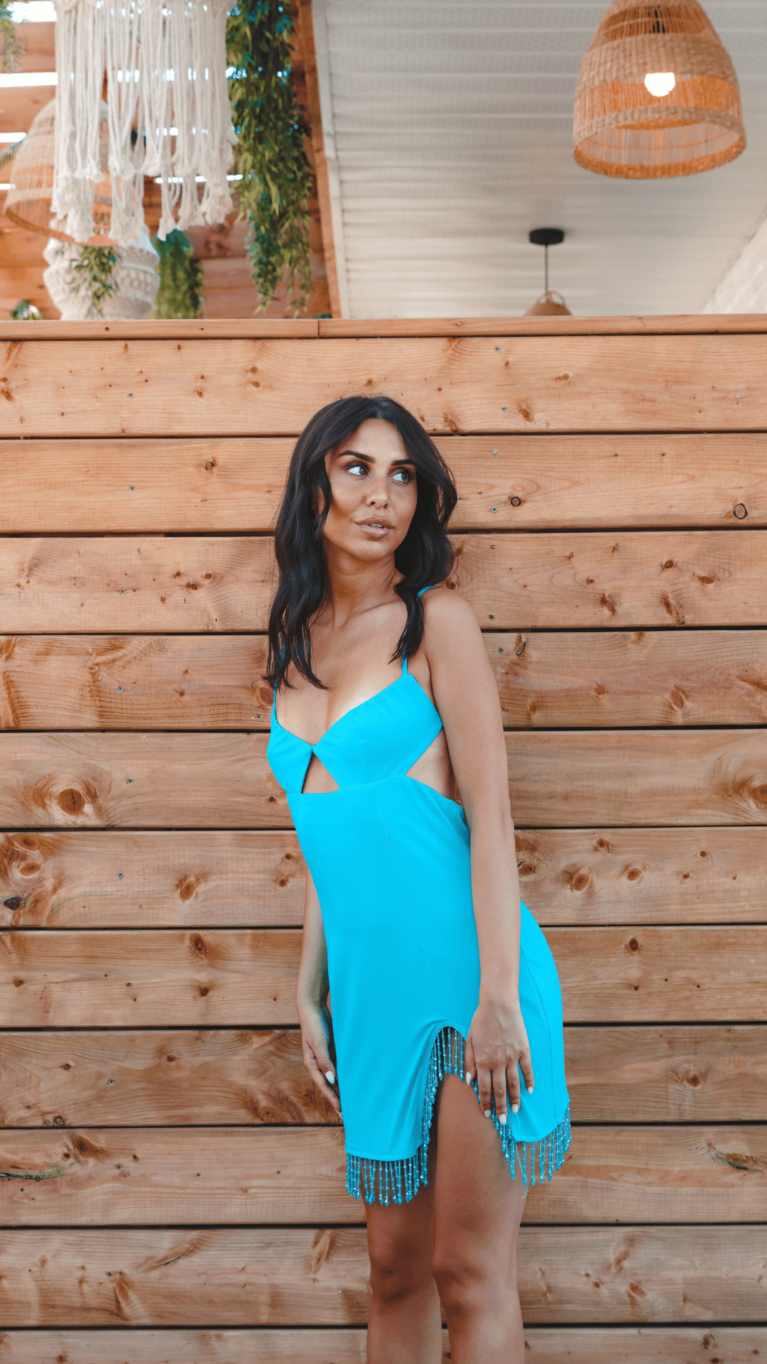 Short Turquoise Dress With Jeweled Fringes - Rental