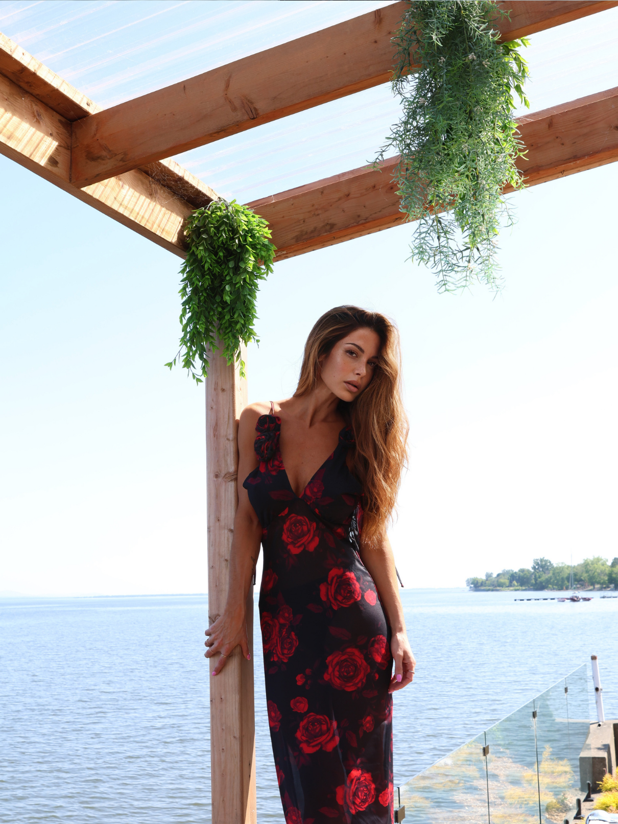 Black And Red Long Dress With Floral Patterns - Rental 