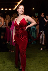 Long Red Dress In Velvet Fabric - Rental 