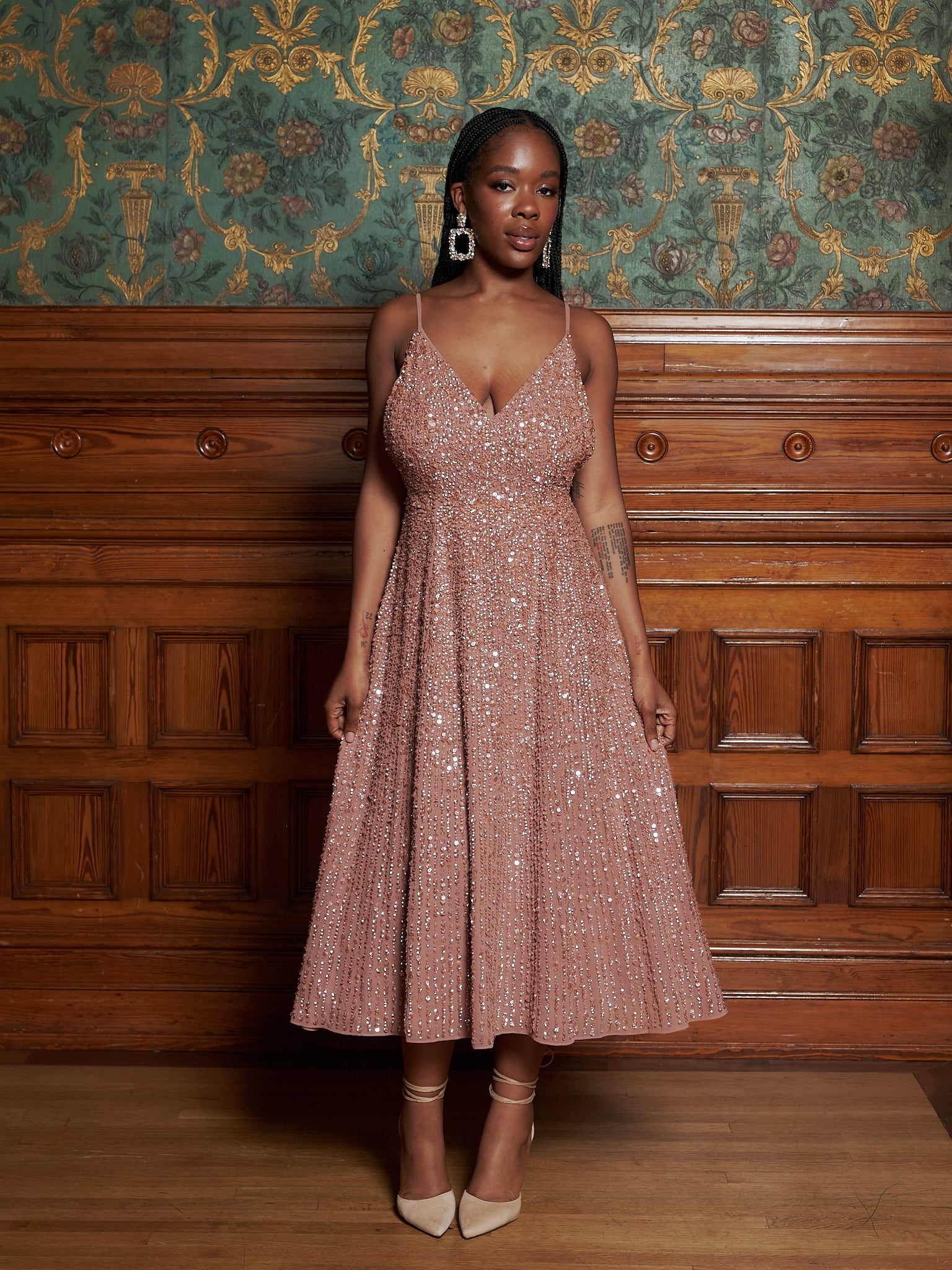 Pink Midi Dress With Sequins - Rental 