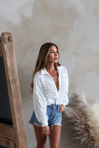 Janey Pleated Knit Western Shirt - ivory pleated fringe blouse 