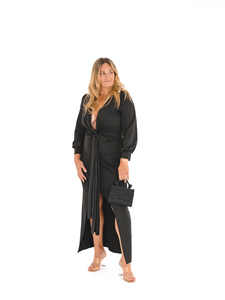 Long Black Dress Fitted Waist With Twist - Rental 