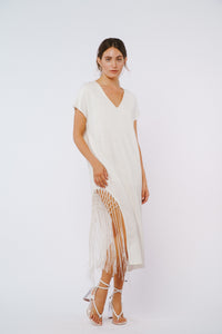 Mikella Fringed Linen Summer Dress - linen fringe office to beach dress in ivory