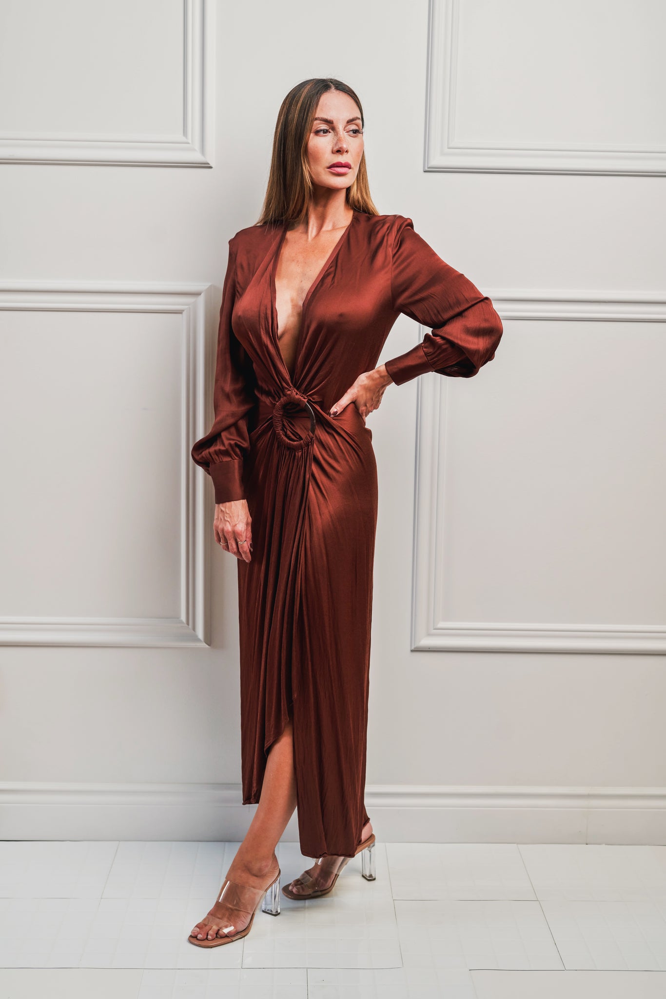 Long Brown Dress With Waist Ring - Rental
