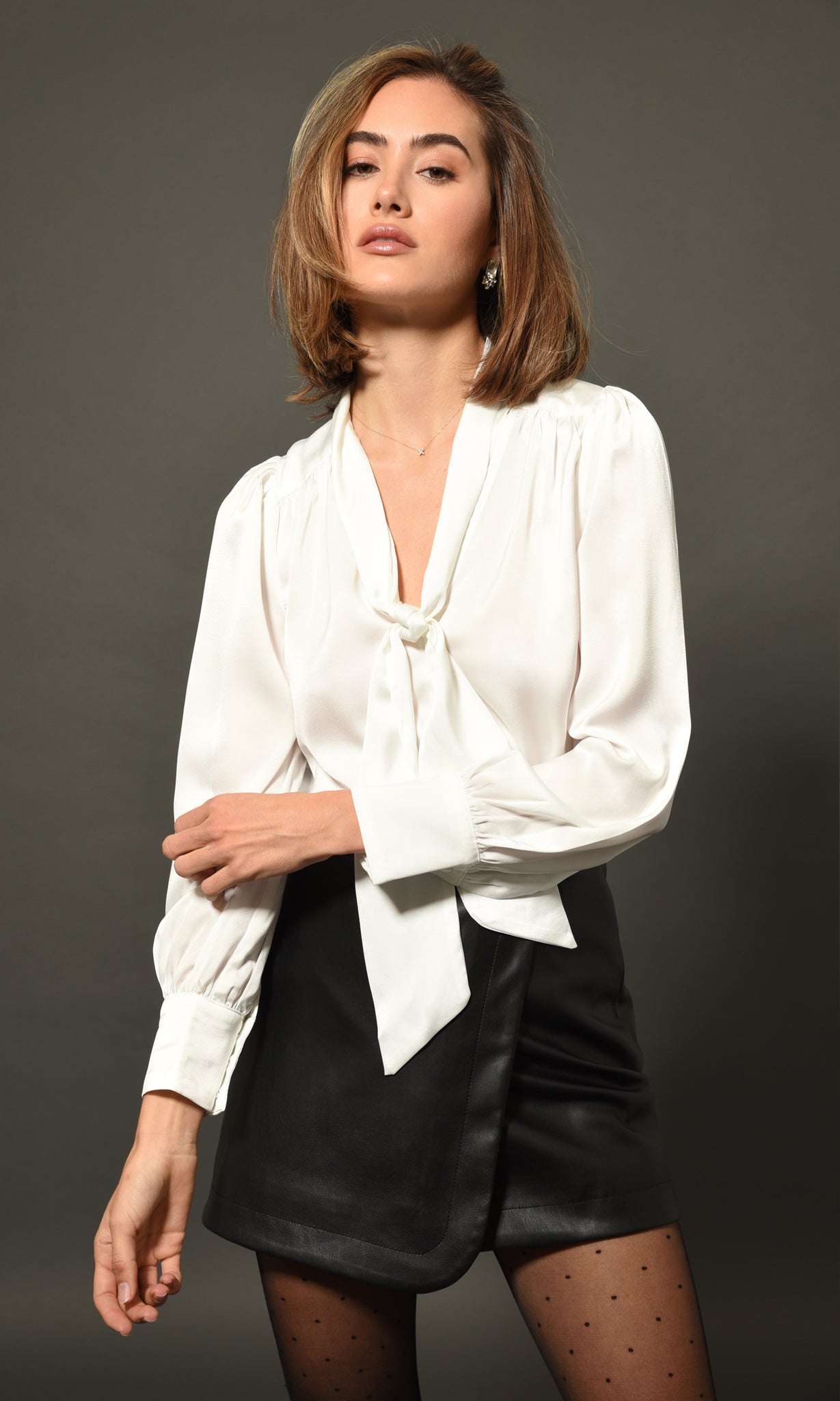 WHITE SATIN BOW Edna Blouse WITH Puff Sleeves - Neck Tie Blouse Featuring Puff Sleeves