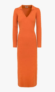 Orange knit long sleeve dress - rust Vanessa Open Collar Cable Rib Knit Midi Dress