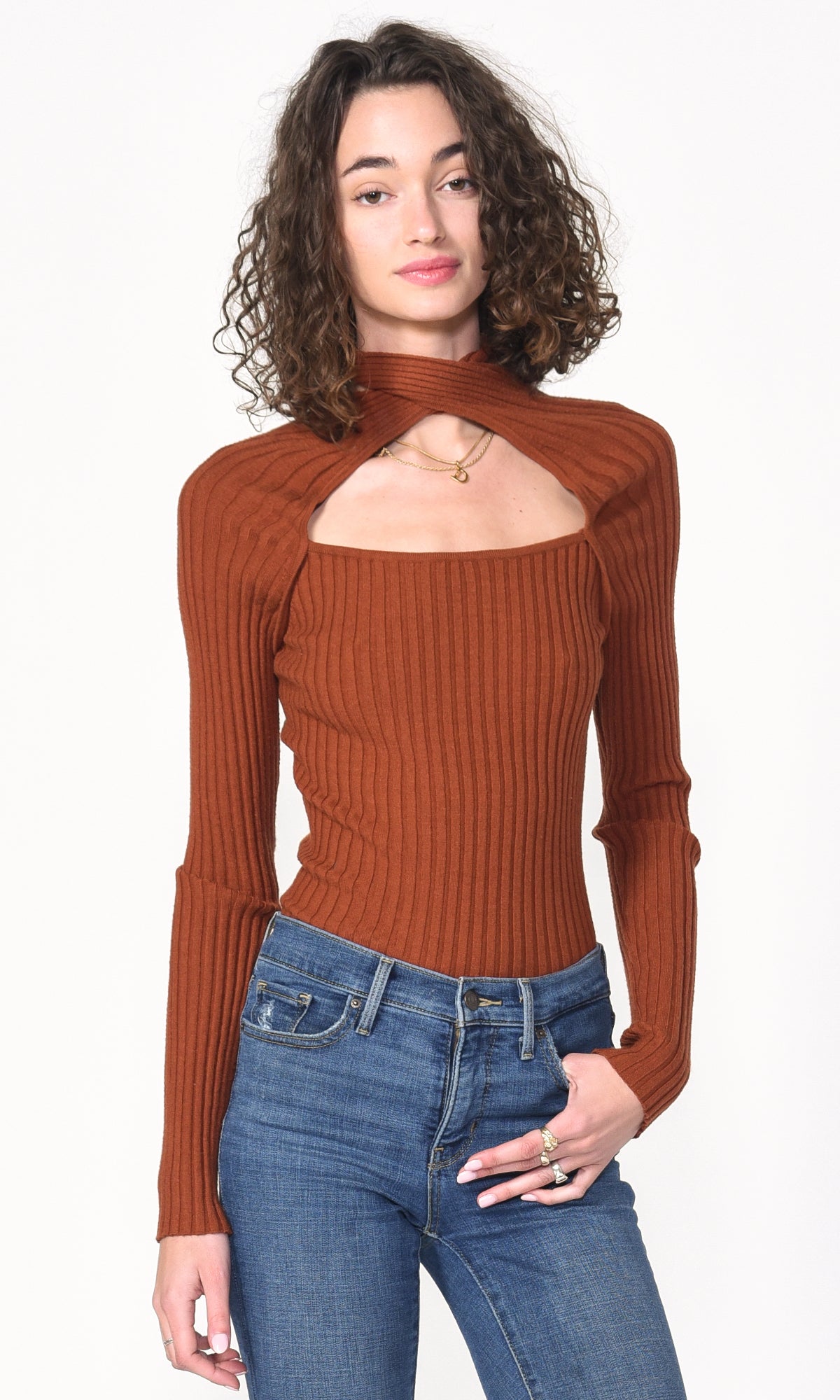 Brown knit sweater with crossover collar - Stella rib knit twisted neck women shirt