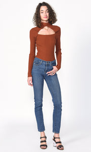 Brown knit sweater with crossover collar - Stella rib knit twisted neck women shirt